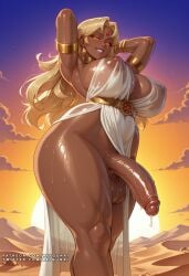 1futa ai_generated armlet armpits arms_behind_head arms_up blonde_hair bracelet breasts circlet cleavage cloud colored_sclera covered_navel covered_nipples curvy dark-skinned_female dark_skin desert dress earrings erection evening forehead_jewel foreskin from_below futanari grin half-erect huge_breasts huge_cock huge_testicles jewelry large_breasts large_penis large_testicles lips long_hair looking_at_viewer muscular nipples no_bra no_panties orange_eyes outdoors penis phimosis precum reiqunai sand see-through shiny_skin sky smile solo standing sun sunset sweat testicles thick_thighs thighs twilight uncensored veins veiny_penis very_sweaty wet white_dress yellow_eyes