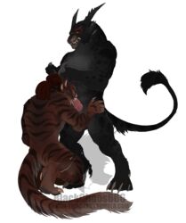 alpha_channel ambiguous_gender anthro blackchaos666 charr claws digitigrade dreadlocks duo fangs feline fellatio fur guild_wars horn horn_grab kneeling male mammal oral orange_eyes plain_background scar sex slit_pupils tail_tuft tiger_stripes transparent_background tuft video_games watermark yellow_eyes