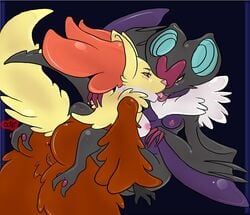 anthro anus ass ass_grab between_legs blush breasts color delphox duo female hand_on_ass kissing nintendo noivern owyisensei pokemon pokemon_(species) pussy tongue tongue_out video_games yuri