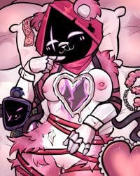 4:5 absurd_res anthro armor bear bed blush breasts clothing condom dairy_products epic_games female food fortnite front_view fur furniture fuzzy_handcuffs gauntlets genitals gloves h0t-garbage handcuffs handwear heart_pillow hi_res laying_down lying lying_on_bed mammal metal_cuffs multicolored_fur on_bed pillow pink_body pink_fur plushie raven_team_leader restraints ribbons sexual_barrier_device shaded solo vagina whipped_cream white_body white_fur