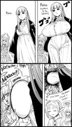 3girls absurd_res aura_(sousou_no_frieren) bb_(baalbuddy) blood breast_expansion canon_vs_fanon crushed_by_breasts demon_girl demon_horns dialogue elf elf_ears elf_female english_text female female_only fern_(sousou_no_frieren) frieren frieren_beyond_journey's_end funny horns huge_breasts hyper_breasts monochrome sketch sousou_no_frieren speech_bubble white_background