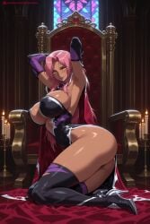 1girl ai_generated armpits arms_up ass bangs bare_shoulders black_gloves black_legwear boots breasts candle candlestand center_opening cleavage cross-laced_clothes dark_skin dress elbow_gloves from_side full_body gloves groin half-closed_eyes hi_res high_heel_boots high_heels high_quality high_resolution hip_focus huge_breasts indoors ingrid_(taimanin_asagi) jewelry kiraamane kneeling lace large_breasts legs legs_together light_smile lipstick long_hair looking_at_viewer makeup mole mole_under_mouth no_bra no_panties on_bed parted_bangs parted_lips patreon pink_hair pink_lipstick purple_lipstick seductive seductive_smile sexy shiny shiny_clothes shiny_hair shiny_skin sitting smile solo thighhighs thighs uncensored underboob very_long_hair watermark wavy_hair yellow_eyes