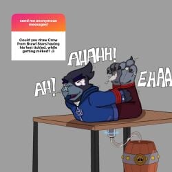 anthro bondage bound brawl_stars clothing crow_(brawl_stars) digital_media_(artwork) feet foot_fetish genitals hi_res hogtied male milk milking_table mrpawpaw ngl open_mouth penis soles solo supercell_(company) text tickle_torture tickling tickling_feet