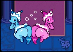animated anthro ass ass-to-ass ass_crush big_ass big_butt blue_body bubble butt_bump butt_crush clothing cute deltarune digital_media_(artwork) dress_lift duo female floating fool's_hat frame_by_frame hat headgear headwear looking_at_viewer looking_back mizzle_(deltarune) no_mouth only_female pink_body pixel_(artwork) pixel_animation pixel_art presenting presenting_hindquarters seal slugguts undertale_(series) water_body water_creature