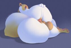 adventure_time anthro anus ass balls big_ass big_balls big_butt cake_the_cat cartoon_network domestic_cat felid feline felis fur futa futanari genitals gynomorph huge_butt intersex looking_at_viewer lying mammal nude orange_body rockyhorns simple_background solo tale thick_thighs voluptuous white_body