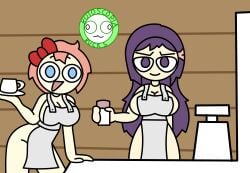 2girls big_breasts blue_eyes coffee_cup milking_breasts nude_female orange_hair purple_hair restaurant_sex saori_(the_p-club) starbucks the_p-club xgarex yasuri_(the_p-club)
