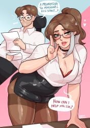 1boy 2d blush blushing brown_hair brunette brunette_hair bulge bulge_through_clothing character_request choker clothed clothing crossdressing dialog dialogue english english_text femboy feminization fully_clothed girly glasses green_eyes hair hi_res highres light-skinned_male light_skin loggus_doggus male male_only office_clothing office_lady pantyhose short_hair sissy solo solo_male text thick_thighs trap