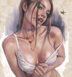 1girls big_breasts blonde_hair blood blood_on_face bra bra_pull breasts female marco_turini solo traditional_media_(artwork)