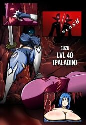 1boy 1girls 2d armor armored_female ass ass_expansion big_ass big_breasts blue_eyes blue_hair body_transformation breast_expansion breast_growth breast_growth_(enlargement) breasts breasts_bigger_than_head breasts_bigger_than_torso bursting_breasts comic comic_page curvydrawings demon demon_horns erect_nipples_under_clothes expansion female figure_transformation getting_bigger gigantic_ass gigantic_breasts gigantic_butt gigantic_nipples gigantic_thighs growth growth_drive height_growth hi_res high_resolution hourglass_figure hyper hyper_ass hyper_breasts hyper_butt hyper_thighs leggings light-skinned_female light_skin muscular_male original original_characters pink_eyes pink_hair size_fetish succubus succubus_horns thick_thighs thigh_expansion thighs transformation