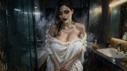 ai_assisted alcina_dimitrescu bathroom big_breasts black_hair breasts cleavage eyeshadow female highres large_breasts long_hair looking_at_viewer mature_female milf monster_girl pale-skinned_female pale_skin patreon red_lips resident_evil resident_evil_8:_village shower towel towel_over_breasts tripleize vampire vampire_girl wallpaper watermark wet_hair wet_skin white_skin yellow_eyes