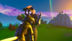 3d_(artwork) anthro armwear bad_posture bear big_breasts black_body black_fur breasts cakeworkssfm claws clothing digital_media_(artwork) duo epic_games face_in_breasts felid feline female female/female fortnite fur glowing glowing_eyes hi_res mammal meow_skulls rainbow raven_team_leader source_filmmaker_(artwork) surprised thick_thighs