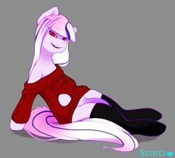 2014 animal_genitalia anthro clothed clothing equine erection fabulous_jay friendship_is_magic fur furry furry_only girly hair horse horsecock legwear looking_at_viewer male mammal my_little_pony penis plain_background pony red_eyes scorci smile solo sweater thigh_highs