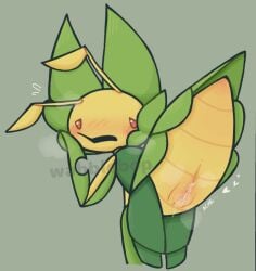 antennae blush blush_lines bodily_fluids bug bug_girl embarrassed embarrassed_expression embarrassed_female embarrassed_nude_female female female_focus female_only heart leaf leavanny pokemon pokemon_(species) pokemon_only pussy solo_female text wabblebop wet_pussy