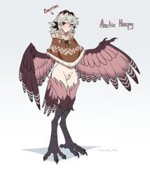 artist_name bird_legs black_hair breasts brown_eyes brown_hair brown_poncho closed_mouth expressionless eyebrows_hidden_by_hair female female_pubic_hair full_body grey_hair harpy heterochromia highres looking_at_viewer medium_hair monster_girl multicolored_hair no_panties original pubic_hair shadow simple_background slit_pupils small_breasts solo unrealfish white_background winged_arms wings yellow_eyes