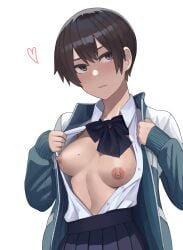 1girls 2d areola areolae beauty_mark black_hair breasts breasts_out clothed clothing female female_only hair heart hi_res highres human kuronami_(lvi) lvi medium_breasts mole mole_on_breast nipples no_bra oc open_shirt original original_character plain_background presenting presenting_breasts short_hair showing_breasts simple_background solo solo_female tits_out tomboy very_short_hair white_background