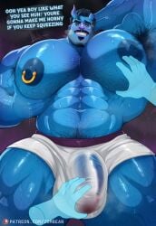 abrams_(deadlock) bara big_pecs blue_body blue_skin deadlock gay hairy_armpits male male_only muscular muscular_male nipple_piercing piercing_nipples transparent_clothing zombie_perc