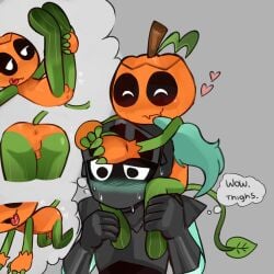 anus anus_focus ass ass_focus blushcrunch_studio codslasher cub dandy's_world dandys_world gourdy_(dandy's_world) male_focus male_only piggyback roblox roblox_game size_difference small_penis smaller_male soulvester soulvester_(dandy's_world) tail thighs thinking_about_another tongue_out