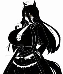 1girls ahoge alternate_breast_size animal_ears blunt_ends breasts busty cacutcut cube_(huidama) cup female female_only hand_in_pocket horse_ears horse_girl huge_breasts jacket large_breasts long_hair manhattan_cafe_(umamusume) monochrome solo umamusume umamusume_pretty_derby