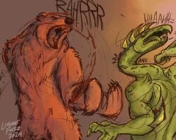 2024 absurd_res alien ambiguous_gender amputation animorphs attack beak bear biped blade blood blood_from_wound blood_splatter bodily_fluids broken_neck brown_bear claws digital_media_(artwork) digital_painting_(artwork) dismemberment duo female feral fur gore grizzly_bear hi_res hork-bajir improvised_weapon littlestfuzz mammal open_mouth painting_(artwork) rachel_(animorphs) roaring severed_arm severed_body_part severed_limb simple_background standing teeth tongue tongue_out ursine wounded