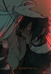 2boys absurdres black_choker black_gloves black_shirt blonde_hair blonde_pubic_hair choker clothes_lift clothes_pull commentary cum cum_on_body english_commentary erection face_closeup facial fellatio fingerless_gloves gloves highres jewelry kneeling licking licking_penis looking_at_another looking_down male_focus multiple_boys naruto_(series) navel navel_hair necklace nipple_stimulation nipples oral pants pants_pull pectorals penis pretty_boy pubic_hair red_eyes sharingan shirt shirt_lift themidnights0ng uchiha_sasuke uzumaki_naruto yaoi