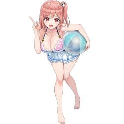 ball barefoot beach_ball beachball big_breasts bikini bikini_skirt breasts cleavage collarbone dead_or_alive dead_or_alive_xtreme dead_or_alive_xtreme_venus_vacation dolphin_wave female frills game_cg hair_ornament hair_ribbon hair_up highres holding holding_ball honoka_(doa) large_breasts leaning_forward looking_at_viewer medium_hair non-web_source official_art one_side_up ootomo_takuji open_mouth pink_hair pointing pointing_up polka_dot polka_dot_bikini red_eyes ribbon self-datamine side_ponytail skull_hair_ornament skull_ornament smile solo swimsuit thick_thighs thighs transparent_background wide_hips