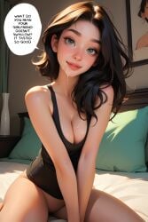 1girls after_fellatio after_oral after_orgasm after_sex ai_generated bottomless caption cheating cheating_boyfriend cleavage cuckquean cum cum_on_face cum_swallow english_text eye_contact facial female female_focus first_person_view gokkun green_eyes looking_at_viewer male_pov netorare ntr original original_character point_of_view pov sitting sitting_on_bed speech_bubble straight swallow swallowing_cum taliredmint talking_to_viewer tank_top text text_bubble