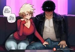 1boy ai_generated bakugou_mitsuki black_hair black_jacket blonde_hair blush boku_no_hero_academia breasts bulge cheating_\\\\\\\\(relationship\\\\\\\\) cleavage couch denim english_text erection erection_under_clothes female jacket jeans large_breasts mature_female milf mitsuki_bakugou my_hero_academia netorare pants red_eyes red_sweater ribbed_sweater shirt short_hair sitting speech_bubble straight sweater tillian v-neck