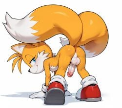 1boy 2_tails ai_generated all_fours anthro anus ass balls bent_over blue_eyes blush erection fox furry katalystnya looking_at_viewer looking_back male male_only miles_tails_prower naked partially_clothed penis plain_background presenting presenting_hindquarters seductive sega shadow shoes simple_background smile solo sonic_(series) tail tails_the_fox two-tone_fur white_background white_fur white_gloves yellow_fur