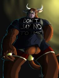 abs balls ballsack biceps bouncer bovine cattle clothing dragonslash erection facial_piercing hairy horns male male_only mammal muscles nose_piercing nose_ring parent pecs penis_bulge piercing precum red_eyes ring scrotum separated_balls septum_piercing shirt solo tail tattoo testicles wet_spot