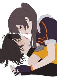 2girls against_wall black_hair blush brown_hair clothing duel_monster female french_kiss gloves grabbing green_eyes hand_on_hand hi_res hugging i:p_masquerena kissing konami light-skinned_female light_skin nbee_ya ninja ponytail purple_eyes s:p_little_knight saliva side_view solo_female teenager tongue_out tongue_to_tongue twintails white_background yu-gi-oh! yu-gi-oh!_master_duel yuri