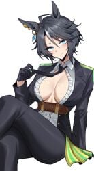 absurdres animal_ears black_gloves black_hair black_pants blue_eyes breasts center_frills center_opening cleavage closed_mouth clothes_lift commentary_request female frilled_shirt frills fuji_kiseki_(shooting_star_revue)_(umamusume) fuji_kiseki_(umamusume) gloves head_tilt highres horse_ears invisible_chair jacket large_breasts lifting_own_clothes long_sleeves looking_at_viewer multicolored_hair necktie_lift no_bra open_clothes open_jacket pants shirt short_hair sitting smile solo streaked_hair umamusume vvernerluniq white_hair white_shirt