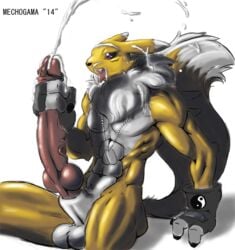 2014 abs anthro balls bandai biceps big_balls big_penis canine chest_tuft cum digimon dog_tags fur glans gloves huge_cock hyper hyper_penis jamie_lamont knot male male_only mammal mane masturbation mechogama muscles navel nude pecs penis renamon sheath solo spread_legs spreading toned tuft vein