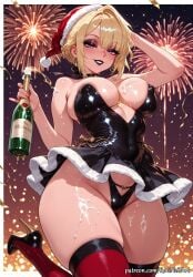 2025 ai_generated alcohol anime areola_slip arm_up bangs bare_shoulders black_choker black_dress black_footwear black_panties blonde_hair blush bottle braid braided_hair breasts choker christmas cleavage covered_nipples crossover dress earrings evelyn_chevalier eye_contact female female_focus fireworks flushed fur_trim grin hat high_heels highleg highleg_panties highres holding holding_bottle hoyoverse huge_breasts jewelry large_breasts leg_up lipstick looking_at_viewer makeup mihoyo mole mole_under_eye nsfw panties patreon purple_eyes red_headwear red_thighhighs rognezart santa_hat shiny shiny_skin short_dress short_hair skindentation smile smiling solo strapless strapless_dress suggestive_fluid thick_thighs thighhighs thighs underwear zenless_zone_zero