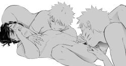 3boys alternate_scar blush clone closed_eyes commentary cunnilingus cuntboy cuntboy_with_male english_commentary fingering greyscale group_sex hands_on_another's_chest highres licking licking_nipple male_focus mastectomy_scar mmm_threesome monochrome multiple_boys naruto_(series) nipple_stimulation oerba_yun_fang oral pubic_hair red_eyes scar scar_on_chest short_hair skin_fang spiked_hair themidnights0ng threesome uchiha_sasuke uzumaki_naruto white_background yaoi