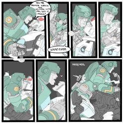 2boys alien alien_humanoid badge blowing_smoke blue_eyes brat brat_taming cigar comic commission cop cygar dialogue drooling_tongue eye_contact fuck_me_eyes grabbing grabbing_face hermaphrodite kissing kup_(transformers) nuefass police prowl_(transformers) pushing pushing_down robot robot_alien robot_humanoid simple_background simple_coloring smoke smoking spit transformers transformers_idw yaoi