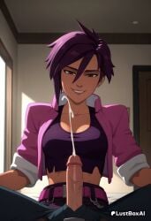 1boy 1boy1girl 1girls ai_generated artist_name belt belt_buckle breasts brown_eyes cleavage collarbone crop_top cropped_jacket cum dispatch_(game) earrings ejaculation erection female futanari grin hair_between_eyes hi_res indoors invisigal jacket jewelry large_breasts large_penis looking_at_viewer lustboxai medium_breasts pants penis pink_jacket pov pov_crotch projectile_cum purple_hair short_hair sleeves_rolled_up smile solo_focus straight tomboy uncensored