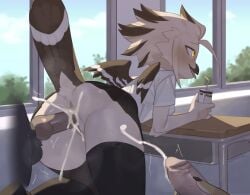 2025 absurd_res anthro anthro_on_anthro anthro_penetrated anthro_penetrating anthro_penetrating_anthro anus ass avian beak biped bird blush bottomwear breasts brown_tail bucerotiform butt_focus classroom clothed clothed_anthro clothed_female clothing digital_media_(artwork) faceless_anthro faceless_character faceless_male female female_penetrated genitals group hair hi_res hoopoe inside kaltespur legwear lorenzo_(royluna) male male/female male_penetrating male_penetrating_female no_underwear non-mammal_breasts penetration presenting presenting_hindquarters rear_view school school_desk school_uniform sex shirt skirt smile tail thick_thighs thigh_highs topwear trio uniform vulva white_body white_hair wide_hips yellow_eyes