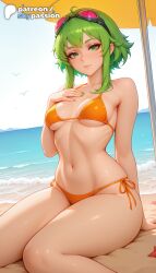 1girls 2026 ai_assisted ai_generated anime artist_name beach bikini bird breasts bust explicit eyewear_on_head goggles goggles_on_head green_eyes green_hair gumi hi_res high_quality high_resolution highres megpoid megpoid_gumi navel orange_bikini patreon patreon_username seagull side-tie_bikini sitting skypassion solo stable_diffusion swimsuit vocaloid water watermark