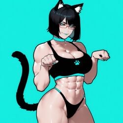 1girls abs aged_up ai_generated alternate_breast_size black_hair blue_eyes blue_lipstick bra cat_ears cat_tail choker glasses hand_jumper large_breasts muscular_female painted_nails panties paw_pose procyon_ai sayeon_lee smile smile_at_viewer smug solo_female thick_thighs wide_hips