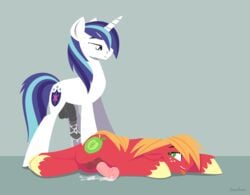 after_sex animal_genitalia balls big_macintosh_(mlp) cum cum_on_ground cum_on_penis duo earth_pony equine feral friendship_is_magic gay horn horse horsecock hoverrover looking_back lying male mammal my_little_pony on_front penis plain_background pony shining_armor_(mlp) smile tongue tongue_out unicorn