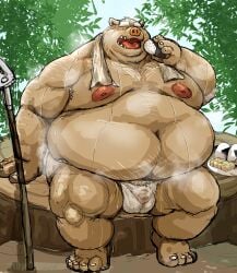2026 absurd_res anthro asian_clothing belly big_belly bodily_fluids brown_body bulge clothing east_asian_clothing food fundoshi hi_res japanese_clothing kemono kotobuki male mammal moobs musk navel nipples onigiri overweight overweight_male rice sitting solo suid suine sus_(pig) sweat towel towel_around_neck underwear white_clothing white_fundoshi white_underwear wild_boar