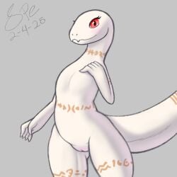1:1 2025 5_fingers albino anthro arm_tattoo ass belly_tattoo big_tail blush body_blush bottom_heavy butt_from_the_front crusch_lulu cute_fangs dated digital_drawing_(artwork) digital_media_(artwork) eyelashes fangs featureless_chest female female_anthro fingers flat_chested front_view genitals grey_background hand_on_chest hi_res humanoid_genitalia humanoid_hands humanoid_vulva innie_vulva leg_tattoo lizard lizardman lizardman_(overlord) long_neck long_tail looking_at_viewer monotone_body neck_tattoo nude nude_anthro nude_female orange_tattoo overlord_(series) pinup portrait pose procreate_(artwork) pupils red_eyes reptile scalie shaded signature simple_background slit_pupils smile smiling_at_viewer snout soft_shading solo spe standing tail tail_tattoo tattoo teeth thick_tail thick_thighs thigh_gap thigh_tattoo three-quarter_portrait tribal tribal_tattoo vulva vulva_blush white_body white_outer_labia white_vulva wide_hips