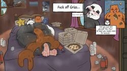 absurd_res anthro ass bear belly big_belly big_breasts blush bodily_fluids breasts brown_bear brown_body brown_fur cartoon_network detailed_background digital_media_(artwork) duo english_text feces feet food fur giant_panda grizzly_(we_bare_bears) grizzly_bear hi_res male male/male mammal messy musk musk_cloud musky_butt musky_feet nipples nude obese obese_anthro obese_male open_mouth overweight overweight_anthro overweight_male panda_(we_bare_bears) pizza scat scatplay smile softpandabear sweat sweaty_feet tail text thick_thighs tongue ursine we_bare_bears white_body white_fur