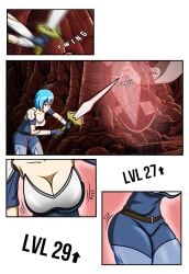 1boy 1girls 2d armor armored_female ass ass_expansion big_ass big_breasts blue_eyes body_transformation breast_expansion breast_growth breast_growth_(enlargement) breasts breasts_bigger_than_head breasts_bigger_than_torso bursting_breasts comic comic_page curvydrawings demon demon_horns erect_nipples_under_clothes expansion female figure_transformation getting_bigger gigantic_ass gigantic_breasts gigantic_butt gigantic_nipples gigantic_thighs growth growth_drive height_growth hi_res high_resolution hourglass_figure hyper hyper_ass hyper_breasts hyper_butt hyper_thighs leggings light-skinned_female light_blue_hair light_skin muscular_male original original_characters pink_eyes pink_hair size_fetish succubus succubus_horns thick_thighs thigh_expansion thighs transformation