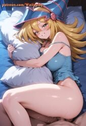1boy1girl 1girl1boy ai_generated bare_shoulders big_breasts blonde_hair bottomless camisole dark_magician_girl female_focus horny_face horny_female hugging hugging_pillow looking_at_viewer male_pov naughty naughty_face night pervert pov_eye_contact pov_male shiny_skin thick_thighs waifuplay yu-gi-oh!