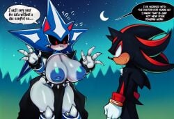 2026 ai_generated ai_generator anthro areola big_breasts black_body black_fur blue_body blush bodily_fluids bracelet breasts clothed clothing dialogue duo english_text eulipotyphlan exposed_breasts female gloves handwear hedgehog hellsonger hi_res jewelry male mammal metal_sonic metal_sonique neo_metal_sonic neo_metal_sonique night nipples red_eyes rule_63 sega shadow_the_hedgehog sonic_the_hedgehog_(series) speech_bubble spikes sweat sweatdrop text