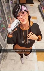 asian_female bandana black_hair braided_hair braided_twintails brown_eyes clothed convenience_store cute cute_face dokkaebi_(rainbow_six) egirl glasses hoodie korean korean_female monster_energy piercing piercings pink_nails public rainbow_six_siege snapchat ultras vape