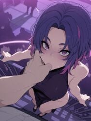 ai_generated aiyor balcony crowd dress embarrassed hips lady_nagant large_breasts looking_at_viewer mature_female my_hero_academia nightclub people_in_background pov public revealing_clothes shame surprised surprised_expression thumb_in_mouth touching_face