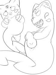 2014 anthro canine duo erection ferret_cyan fox ghost greyscale line_art looking_at_viewer male mammal monochrome no_pupils open_mouth penis plain_background smile spirit stare teeth tongue tongue_out uncolored white_background