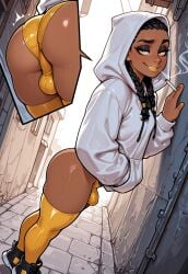 ai-created ai_art ai_generated alley alleyway black_eyeliner braid braided_hair braided_ponytail brown_skin dark-skinned_femboy dark-skinned_male dark_skin earrings evilex5 femboy femboy_focus gold_lipstick gold_nail_polish gold_nails gold_panties hood_up hoodie penis_bulge penis_outline small_balls small_penis smile smiling smiling_at_viewer smoking smoking_cigarette sneakers thigh_highs thighhighs